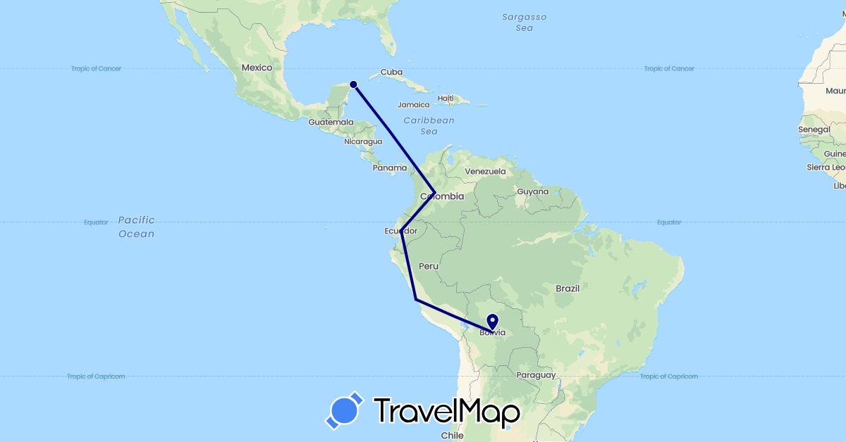 TravelMap itinerary: driving in Bolivia, Colombia, Ecuador, Mexico, Peru (North America, South America)